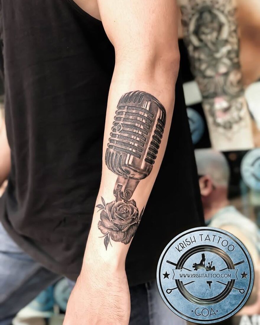 Black and grey Vintage Microphone arm tattoo start to a full music theme  sleeve by Jon von Glahn: TattooNOW